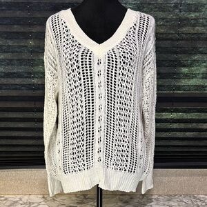 Love Tree Women’s White‎ Open Knit LS V-Neck Super Soft Sweater SZ Medium